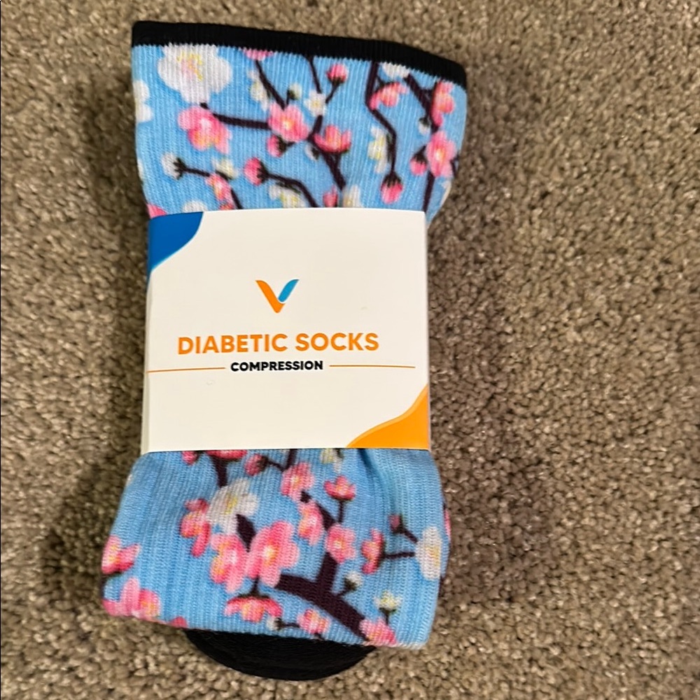 Viasox compression diabetic socks.  Size L.  Cherry blossom print.  NWT
